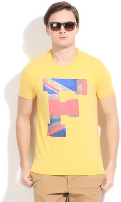 French Connection Printed Men's Round Neck Yellow T-Shirt, Mimosa