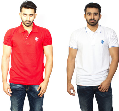 

1OhOne Solid Men's Polo Neck Red, White T-Shirt(Pack of 2, Imperial blue;red