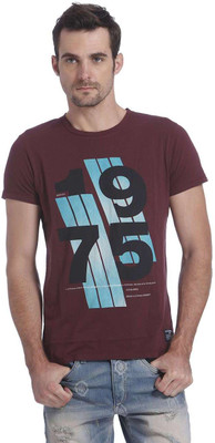 Jack & Jones Printed Men' Round Neck Maroon T-Shirt, Fig