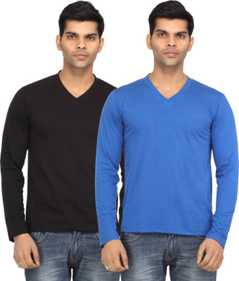 

Leana Solid Men's V-neck Black, Blue T-Shirt(Pack of 2