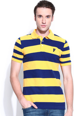 

French Connection Striped Men's Polo Neck Blue, Yellow T-Shirt, Mimosa/twighlight
