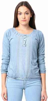 

Espresso Solid Women's Round Neck Blue T-Shirt