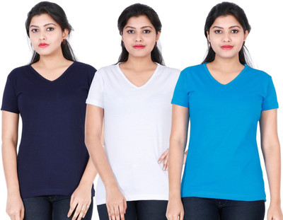 Fleximaa Solid Women V Neck Multicolor T-Shirt