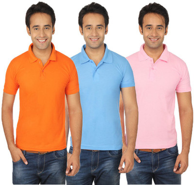 

Quetzal Solid Men's Polo Neck Multicolor T-Shirt(Pack of 3, Orange;pink;sky blue