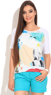 

United Colors of Benetton Printed Women's Round Neck White T-Shirt, 902