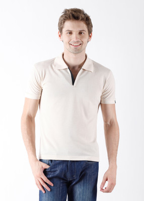 Status Quo Solid Men's Polo Neck Beige T-Shirt