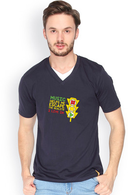 

Campus Sutra Solid Men V-neck Dark Blue T-Shirt