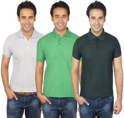 

Quetzal Solid Men's Polo Neck Multicolor T-Shirt(Pack of 3, Green;grey;light green