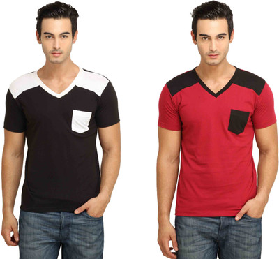 

Fio Solid Men' V-neck Black, Maroon T-Shirt(Pack of 2