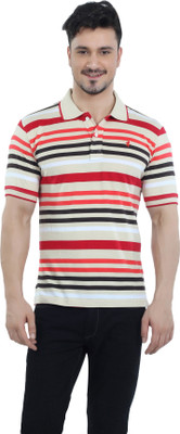 

The Cotton Company Striped Men' Polo Neck Beige T-Shirt, Beige;red