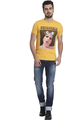 

Jack & Jones Printed Men's Round Neck Yellow T-Shirt, Beeswax