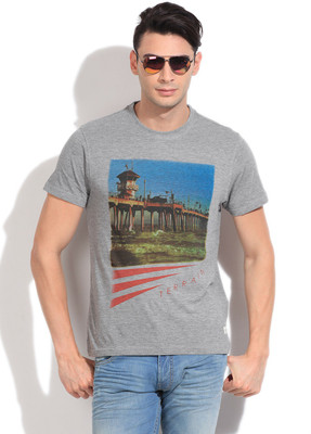 

Indian Terrain Printed Men' Round Neck Grey T-Shirt, Lt grey melange