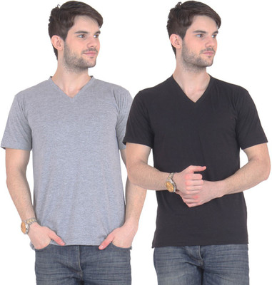 

FnMe Solid Men' V-neck Multicolor T-Shirt(Pack of 2, Black;grey