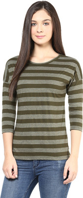 

Hypernation Striped Women' Round Neck Dark Green T-Shirt