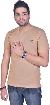 

Colors & Blends Solid Men' V-neck Beige T-Shirt, Camel