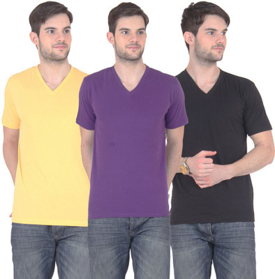 

E'Hiose Solid Men's V-neck Multicolor T-Shirt(Pack of 3, Black;purple;yellow