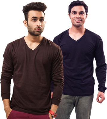 

Unisopent Designs Solid Men's V-neck Brown, Dark Blue T-Shirt(Pack of 2