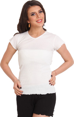 

Slumber Jill Solid Women' V-neck White T-Shirt, Offwhite