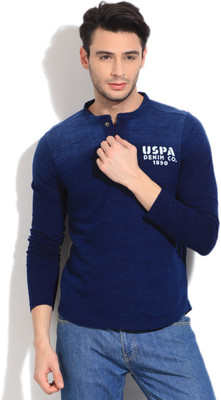 

U.. Polo Assn Solid Men' Henley Blue T-Shirt, Blank