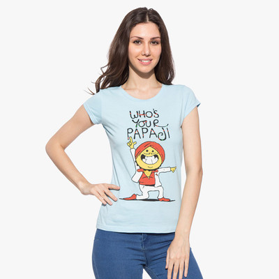 

Chimp Graphic Print Women' Round Neck Light Blue T-Shirt, Clearwater