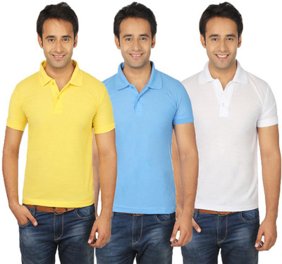 

Quetzal Solid Men's Polo Neck Multicolor T-Shirt(Pack of 3, Sky blue;white;yellow