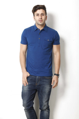 

Gritstones Solid Men' Polo Neck Blue T-Shirt