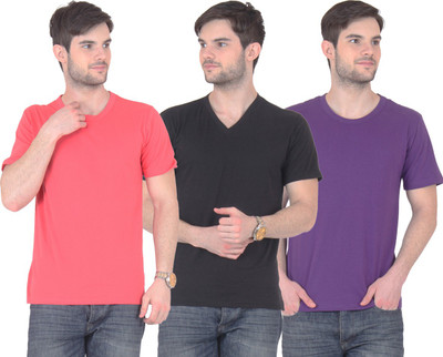 

E'Hiose Solid Men's V-neck Multicolor T-Shirt(Pack of 3, Black_v;carrot_r;purple_r