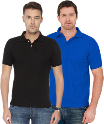 Concepts Solid Men Polo Neck Blue, Black T-Shirt(Pack of 2)