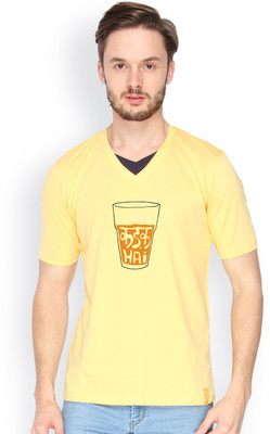 

Campus Sutra Solid Men V-neck Yellow T-Shirt