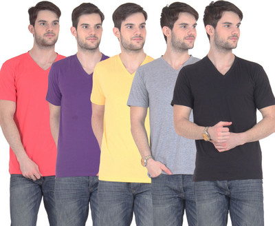 

FnMe Solid Men's V-neck Multicolor T-Shirt(Pack of 5, Black;carrot;grey;purple;yellow