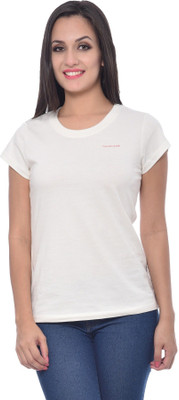 

Frenchtrendz Solid Women's Round Neck White T-Shirt, Ivory