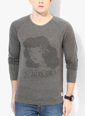 

Jack & Jones Striped Men's Round Neck Grey T-Shirt, Grey melange