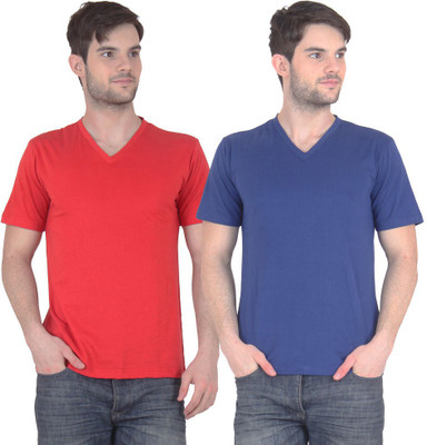 

FnMe Solid Men's V-neck Multicolor T-Shirt(Pack of 2, Blue;red
