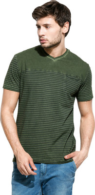 

Mufti Striped Men's V-neck Dark Green T-Shirt