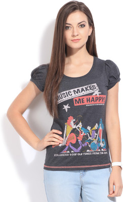

Flying Machine Printed Women's Round Neck Grey T-Shirt, Charcoal