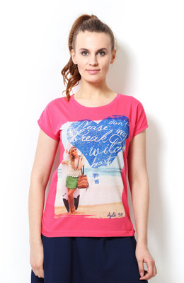 

Ajile by Pantaloons Graphic Print Women's Round Neck Pink T-Shirt, Coral
