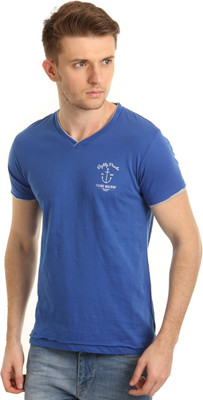 

Flying Machine Solid Men's V-neck Blue T-Shirt, Cobalt