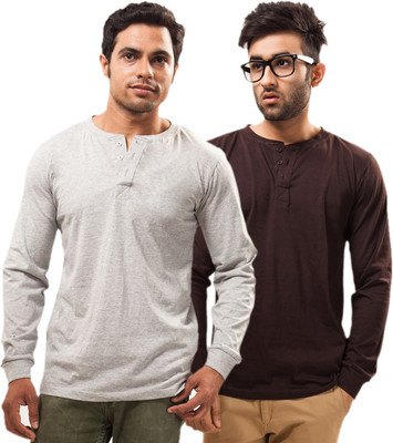 

Unisopent Designs Solid Men's Henley Grey, Brown T-Shirt(Pack of 2