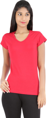 

Rham Gold Solid Women' V-neck Red T-Shirt