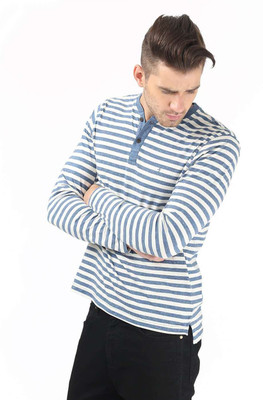 Indian Terrain Striped Men's Henley Blue T-Shirt, Cobalt nepp