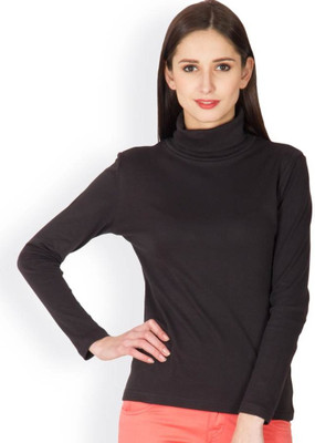 

Hypernation Solid Women's Turtle Neck Black T-Shirt