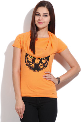 

Flying Machine Printed Women's Fashion Neck Orange T-Shirt