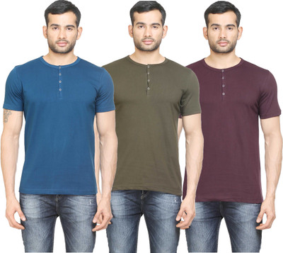 

Poshuis Solid Men' Henley Blue, Dark Green, Maroon T-Shirt(Pack of 3, Dark maroon;military green;petrol blue