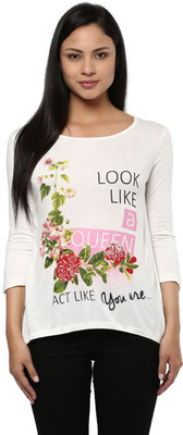 

Honey By Pantaloons Printed Women's Boat Neck White T-Shirt