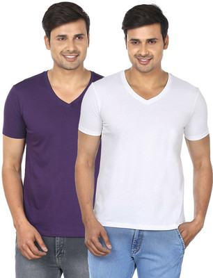 

FM Fashionmania Solid Men's V-neck White, Purple T-Shirt(Pack of 2