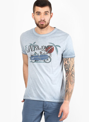 Jack & Jones Graphic Print Men' Round Neck Blue T-Shirt, Pearl blue