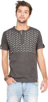 

Campus Sutra Printed Men Henley Grey T-Shirt, Charcoal
