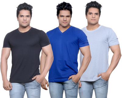 IndiWeaves Solid Men' V-neck Black, Blue, Grey T-Shirt(Pack of 3, Black;blue;gray