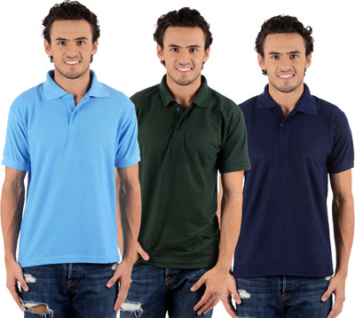

Blaze Solid Men's Polo Neck Multicolor T-Shirt(Pack of 3, Dark blue;dark green;sky blue