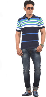 AMX Striped Men Polo Neck Blue T-Shirt